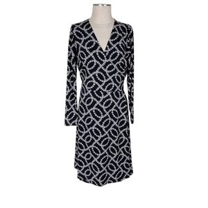 Loft Midi Wrap Dress Size L Black White Floral Back Tie Long Sleeve Jersey